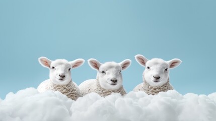  Three sheep sit in clouds against a blue sky backdrop One faces the camera, while the other aligns similarly