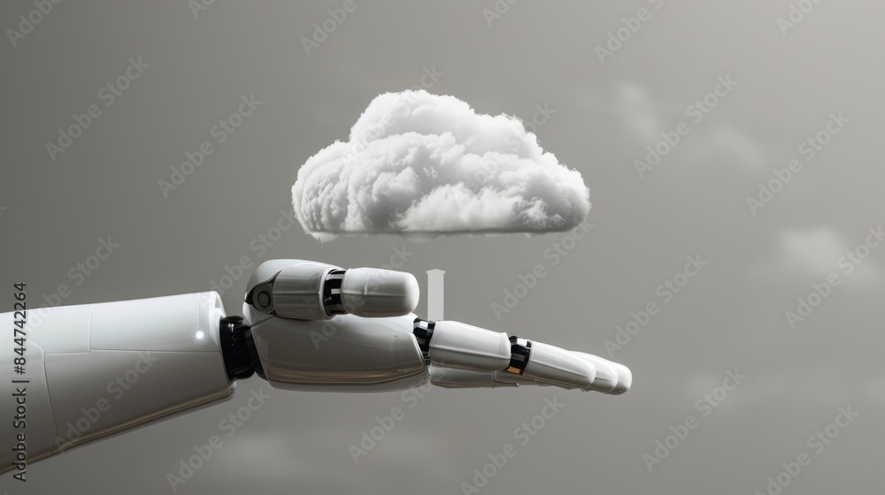 Poster robotic hand copy space, white artificial humanoid on gray background with cloud computing