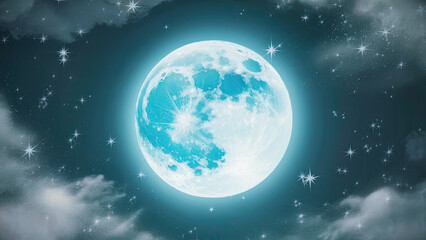 Obraz premium a full light blue moon in the night sky lots of shiny silver stars