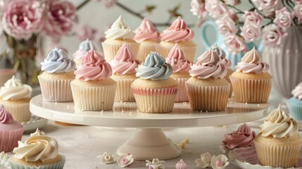 Selection of beautifully decorated cupcakes with various designs, ideal for bakery promotions and dessert menus
