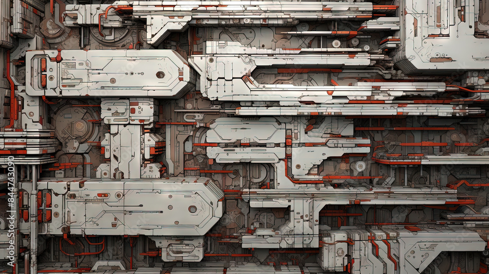 Aufkleber background with metallic panels texture, wires and circuit. spaceship hull wall technology backgroun