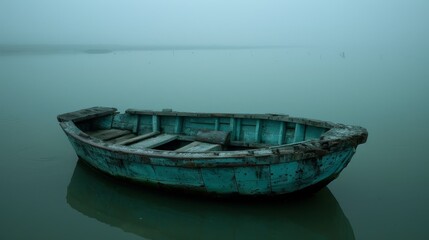  A boat sits in the middle of a foggy body of water