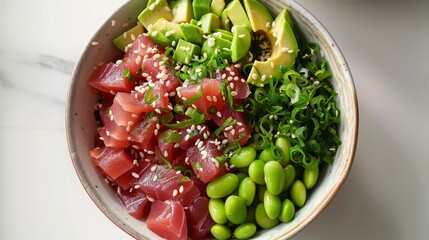 Nutritious poke bowl with ahi tuna, perfect for healthy eating promotions and culinary blogs