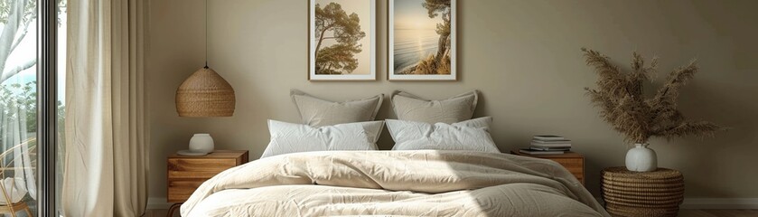 Scandinavian bedroom light wood accents three framed pictures white bedding cozy and minimal decor