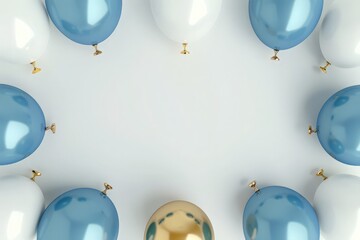 A lively balloon border with blue, gold, and white balloons and golden confetti. The central white area is perfect for text or graphics. Great for invitations and announcements