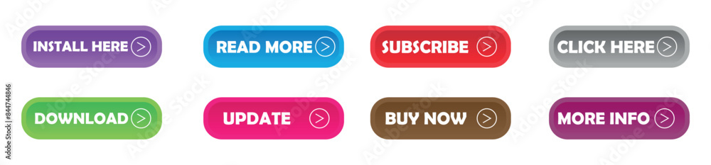 Poster set of read more, subscribe, click here, install here icons button design isolated on transparent ba