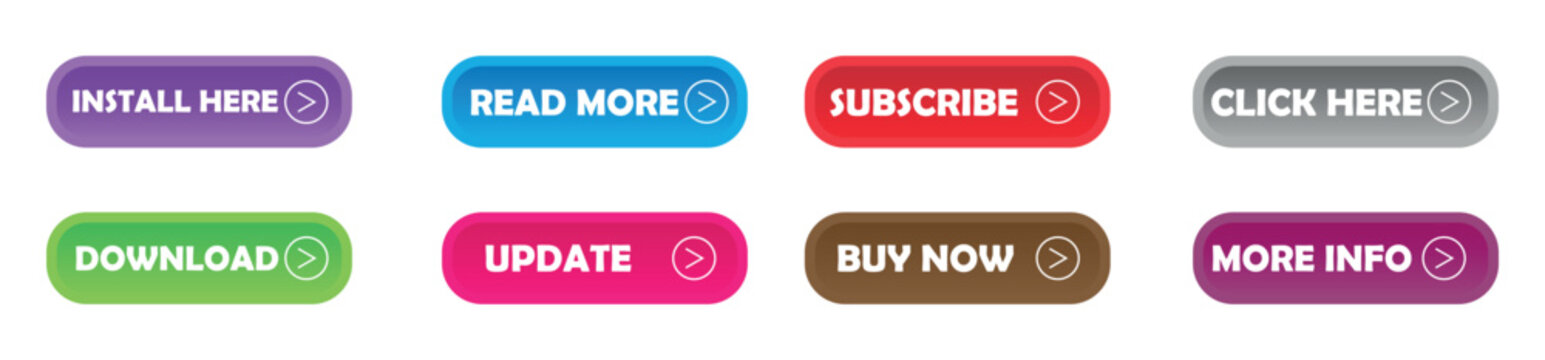 Set of Read More, subscribe, click here, install here icons button design isolated on transparent background.