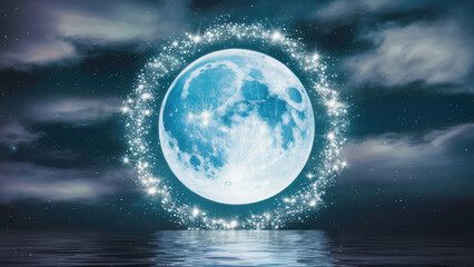 a full light blue moon in the night sky lots of shiny silver stars