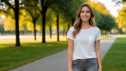 Young woman wearing white t-shirt and grey jeans standing in the park