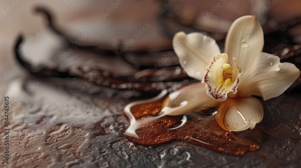 Canvas Prints Close up image of vanilla extract pods and flower on dark surface