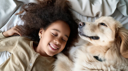 Front view portrait of a cute African-American girl lying on bed with her big pet dog and smiling. Child and pet friendship concept