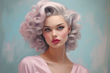 Fototapeta premium Stylized portrait of a woman with luxurious curls in pastel tones