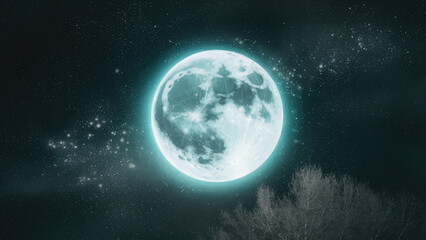 a full light blue moon in the night sky lots of shiny silver stars