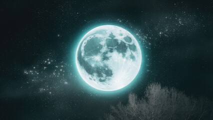 Fototapeta premium a full light blue moon in the night sky lots of shiny silver stars