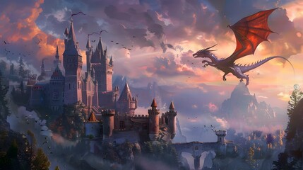 A dragon soars over a medieval castle at dusk, with vibrant clouds and a dramatic landscape below.