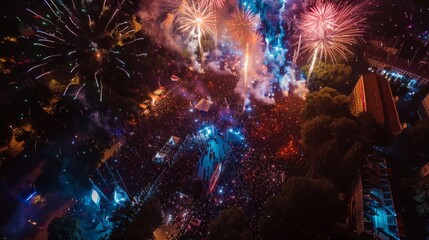 drone showing the crowd with their hands raised and fireworks lighting up the sky generative ai
