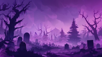 Eerie Foggy Graveyard at Dusk with Purple Sky and Silhouetted Trees, Tombstones, and Misty Atmosphere - Perfect for Halloween, Horror, and Spooky Themes