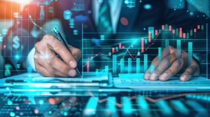 Fototapeta premium analysis working with the latest financial results. Analysis of sales forecast graphs, financial accounting with hand writing Abstract digital effect for background