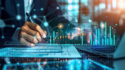 Analysis working with the latest financial results.  of sales forecast graphs, financial accounting with hand writing Abstract digital effect for background