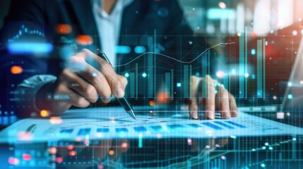 analysis working with the latest financial results. Analysis of sales forecast graphs, financial accounting with hand writing Abstract digital effect for background