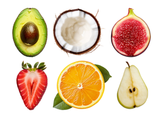 Fruit variety collection includes halved avocado, coconut and fig, as well as half strawberry, orange slice, and pear half.