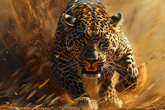 A leopard attacking in the wild, dynamic energy of a wild cat