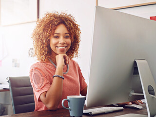 Black woman, smile and portrait in office with computer for web design, online for business email....