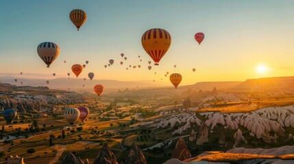 Hot air balloons flying during sunrise over a vast landscape of mountains and valleys