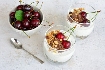 yogurt with cherries and chocolate chips in drinking glasses 