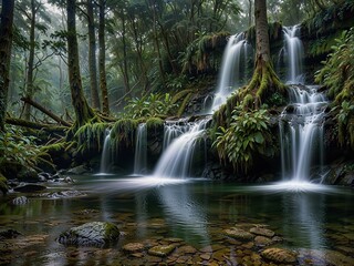 Obraz premium Tranquil natural waterfall situated in a lush forest with morning mist cascades over rocky cliff creating a pool of water at the forest floor that resembles a natural swimming pool