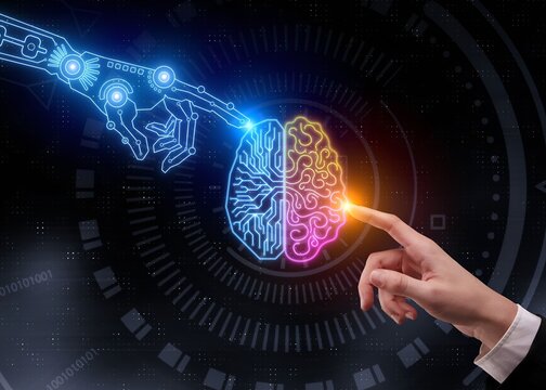  Machine learning, Chatbot, Hands of robot and human Data exchange on abstract cube network connection
