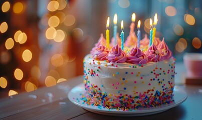 Birthday cake decorated with colorful and lit candles, set against a warm, bokeh background.