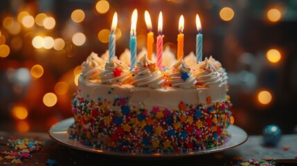 Birthday cake decorated with colorful and lit candles, set against a warm, bokeh background.