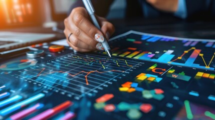 Naklejka premium analysis working with the latest financial results. Analysis of sales forecast graphs, financial accounting with hand writing Abstract digital effect for background