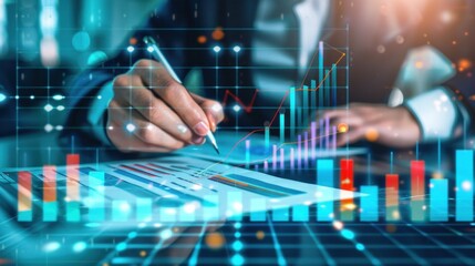 analysis working with the latest financial results. Analysis of sales forecast graphs, financial accounting with hand writing Abstract digital effect for background