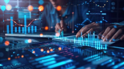 analysis working with the latest financial results. Analysis of sales forecast graphs, financial accounting with hand writing Abstract digital effect for background