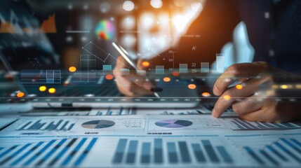 analysis working with the latest financial results. Analysis of sales forecast graphs, financial accounting with hand writing Abstract digital effect for background