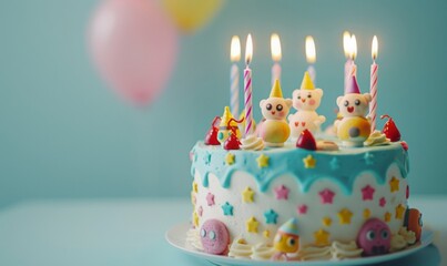 A vibrant birthday cake decorated with colorful icing, smiley faces, and lit candles.