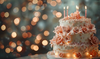 Elegant floral cake adorned with pink flowers and lit candles, set against a sparkling bokeh background.