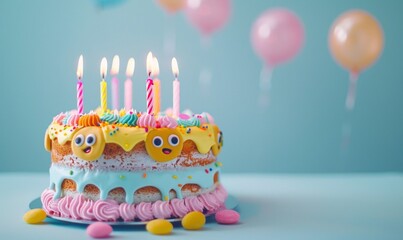 A vibrant birthday cake decorated with colorful icing, smiley faces, and lit candles.