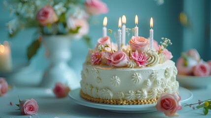Beautifully decorated birthday cake adorned with pink roses and lit candles.