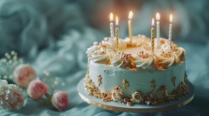 Beautifully decorated birthday cake with lit candles on top. 