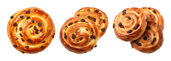 Pain aux raisins pastries, freshly baked and golden brown, swirled with sweet raisins and dotted with crunchy almond slivers.