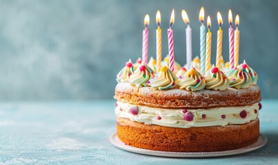 Birthday cake topped with colorful sprinkles and lit candles, creating a festive celebration atmosphere.