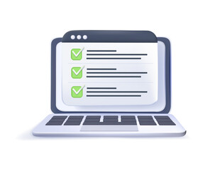 3D illustration related to network, internet. Checklist browser window. Check mark. Choice, survey 3D concept. Web banners, websites, infographics. 3D design, vector illustration