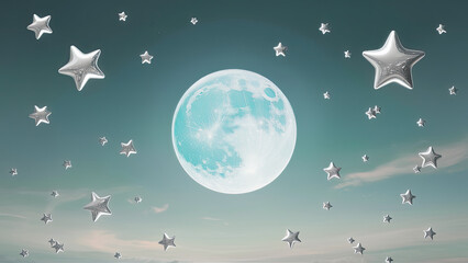 a full light blue moon in the night sky lots of shiny silver stars