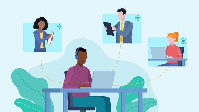 Flat style animation of an employee meeting. One of the employees sits at the desk, the rest connect online. Some employees take notes of the meeting and write down something on a tablet or computer