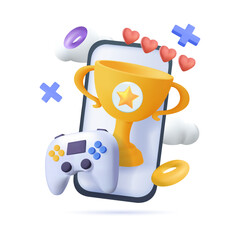 Gamification 3D illustration. Phygital concep. Interactive smartphone integrating rewards, targets, and pixels representing gamified experiences. Online and offline engagement blend. Mobile gaming
