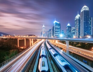 Fototapeta premium AI Generated image of Train with city view at night