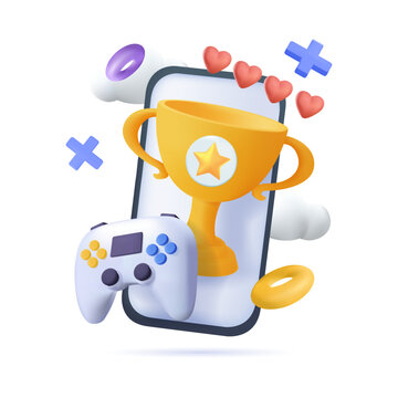 Gamification 3D illustration. Phygital concep. Interactive smartphone integrating rewards, targets, and pixels representing gamified experiences. Online and offline engagement blend. Mobile gaming